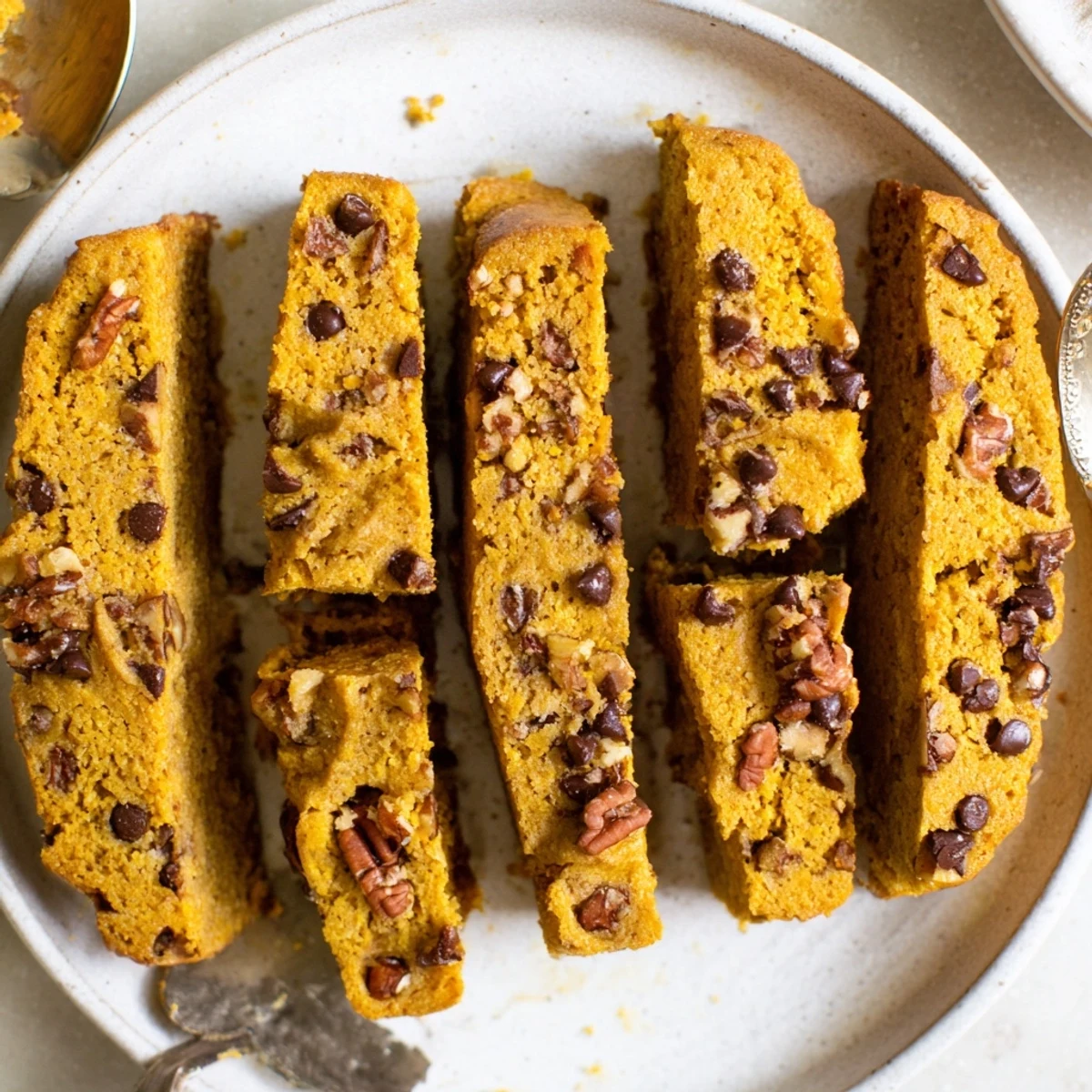 Twice-baked crunchy pumpkin biscotti dippers, ideal for dipping in hot chocolate.  