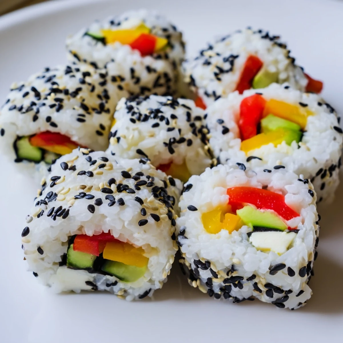 Vibrant Festive Holiday Snack Sushi Rolls filled with fresh veggies and flavorful cream cheese.  