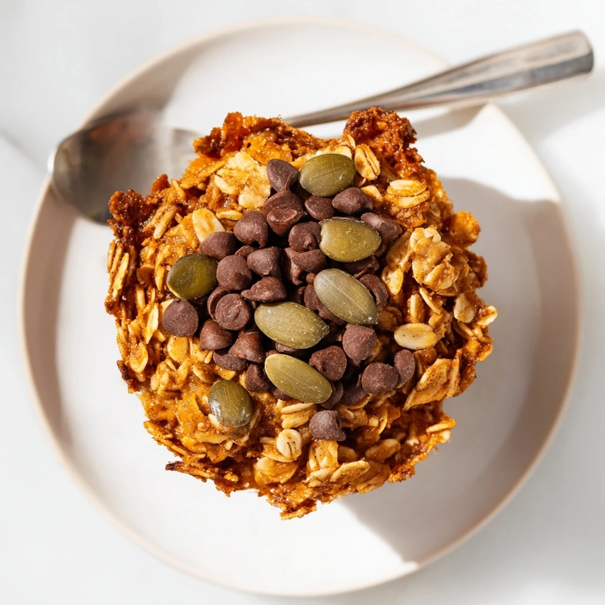 Delicious pumpkin muffin granola cups topped with chocolate chips, perfect for fall snacking.  