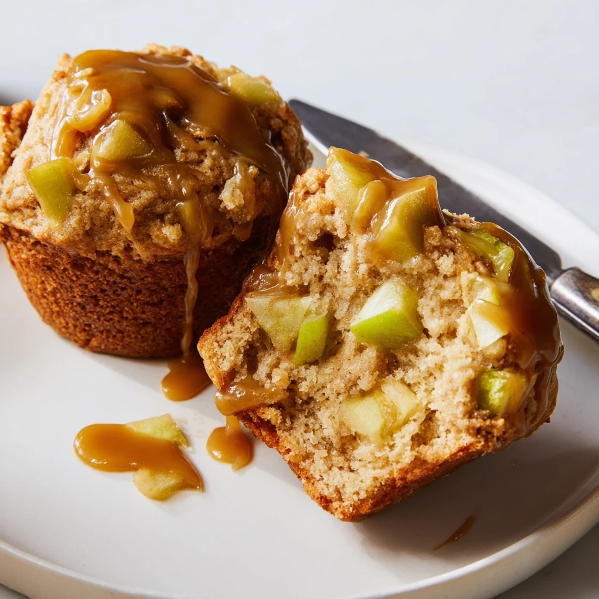 Moist caramel apple sourdough muffins drizzled with warm caramel sauce for breakfast.  