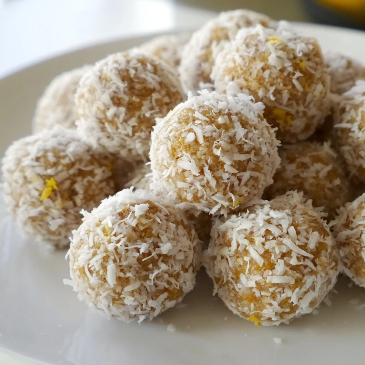 Zesty holiday snack lemon ginger balls rolled in coconut, perfect for festive gatherings.  