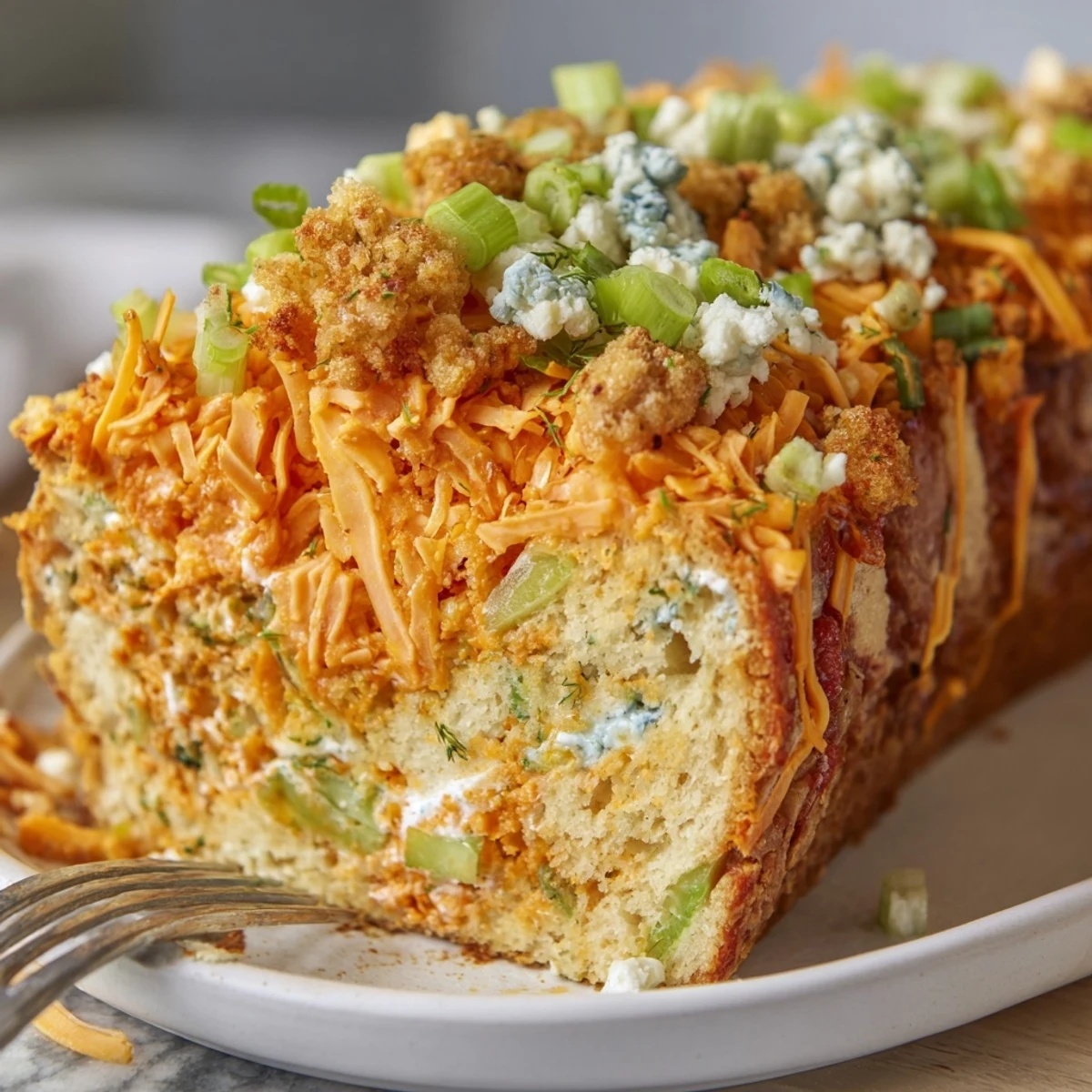 Savory Buffalo Ranch Chaos Cake Loaf, swirled with creamy ranch and fresh herbs.  