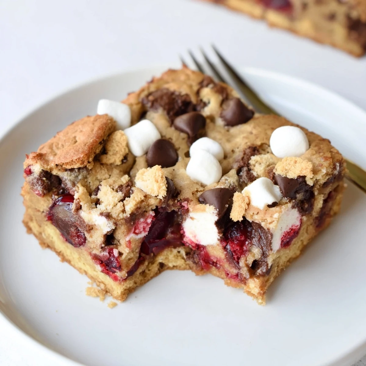Gooey Smores Cherry Soda Muffin Blondies with melty chocolate and sweet cherries.  