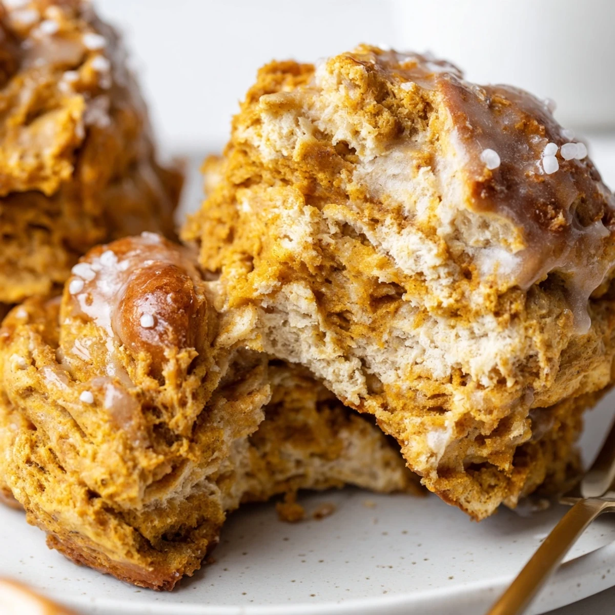 Flaky Pumpkin Pancake Pretzel Scones drizzled with maple syrup, perfect for brunch gatherings.  