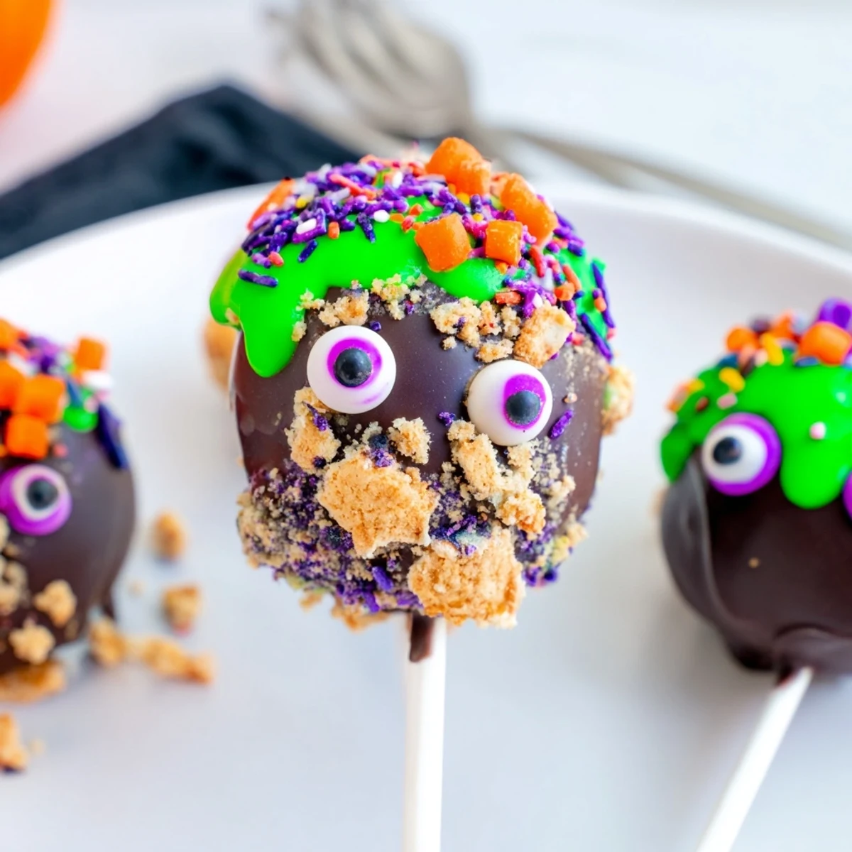 Colorful Monster Chaos Cake S'mores Pops decorated with sprinkles and candy eyes.