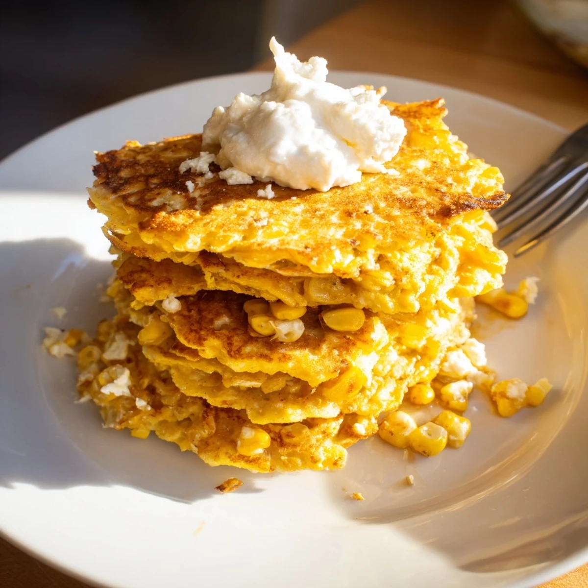 Crispy Savory Corn and Feta Pancakes topped with creamy sour cream.  