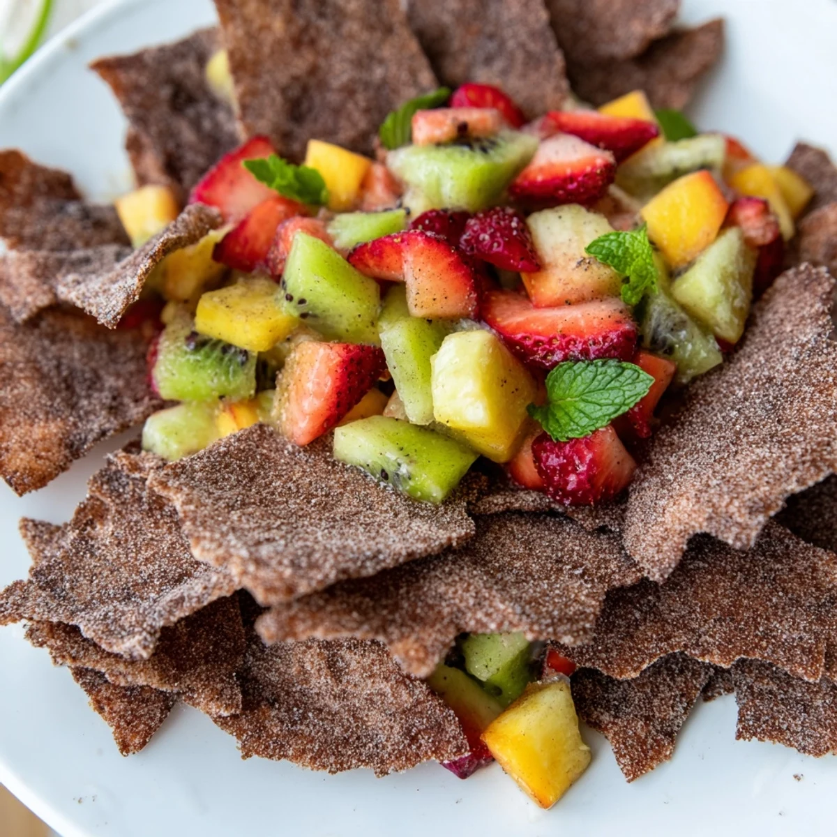 Crispy homemade Dessert Chips & Salsa with colorful fruit salsa and chocolate flavor.  
