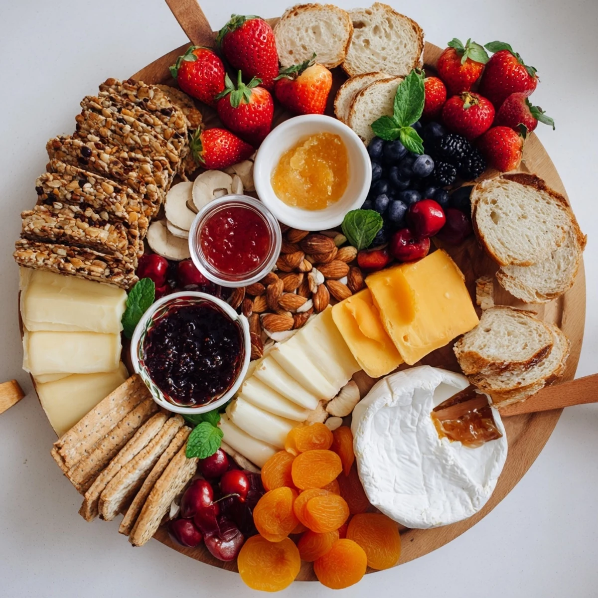 A colorful jam-infused brunch board with fresh fruits and artisan cheeses.  