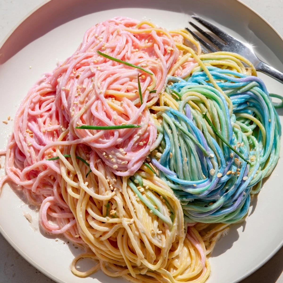 Delightful Neon Noodle Cloud garnished with scallions and edible flowers, bursting with flavor.  
