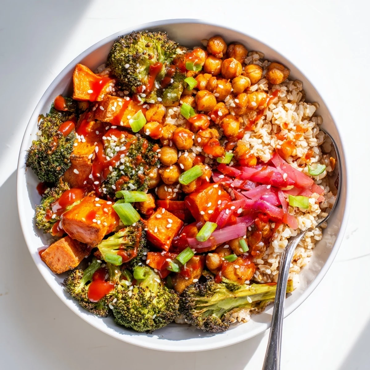 Vibrant Bold Sauce Drizzle Bowls topped with roasted veggies and miso Butter sauce.  