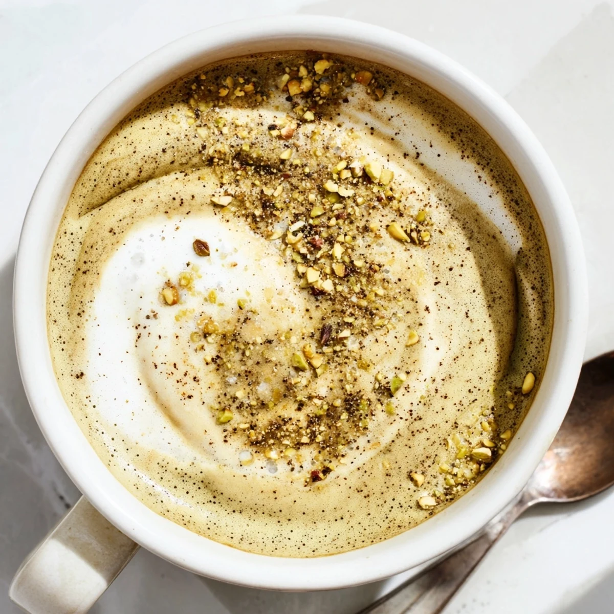 Creamy pistachio milk latte topped with crushed nuts for a delightful coffee experience.  