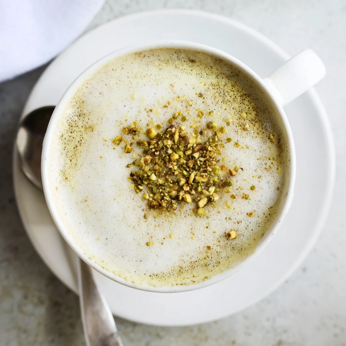 Rich and fragrant pistachio milk latte served with crushed pistachios on top.