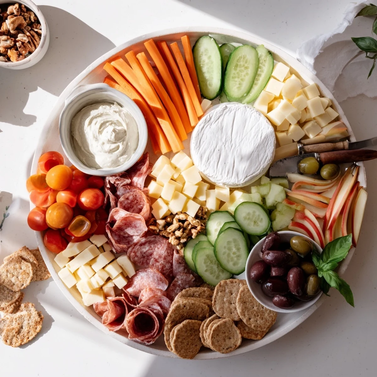 Colorful Girl Dinner Platter featuring cheeses, fruits, and dips for sharing.  