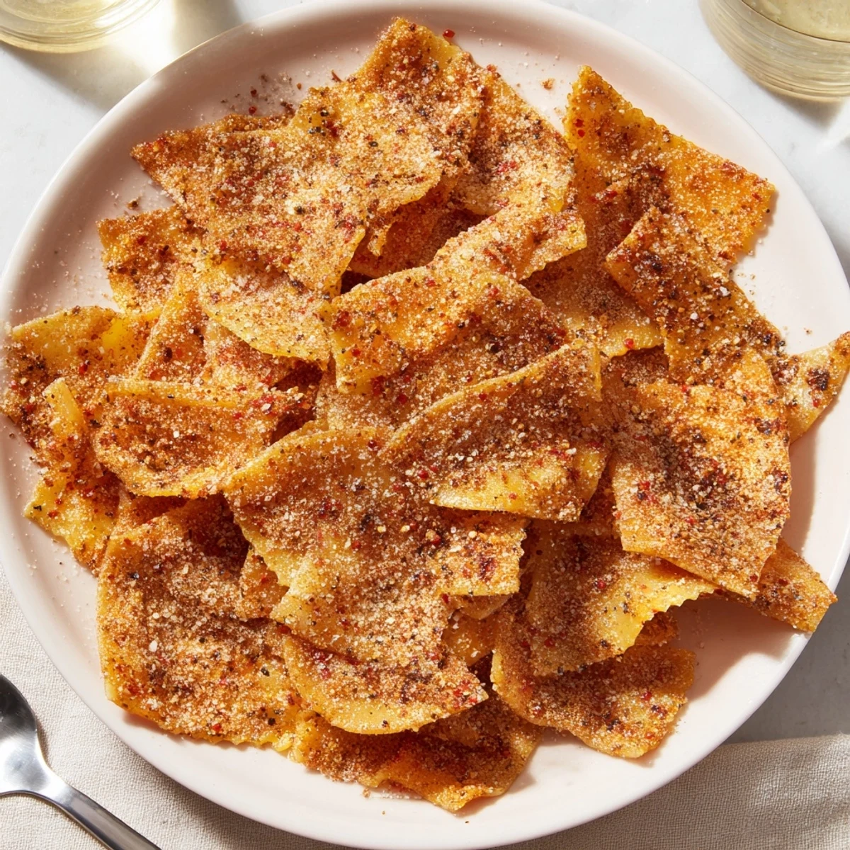 Crispy Pasta Chips Seasoned Variety served with vibrant dips for delicious snacking.  