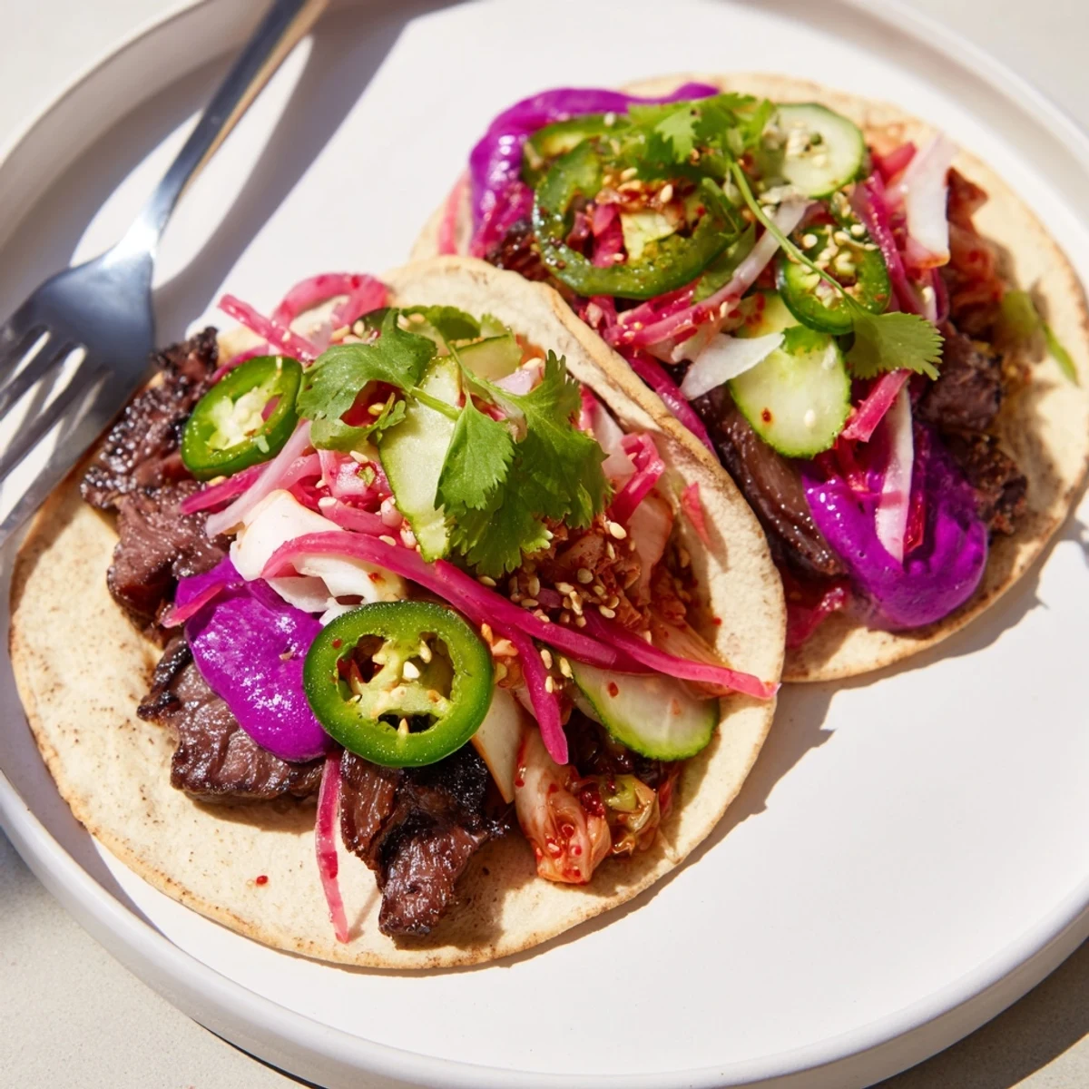 Vibrant Global Street-Food Fusion Tacos topped with ube crema and fresh veggies.  