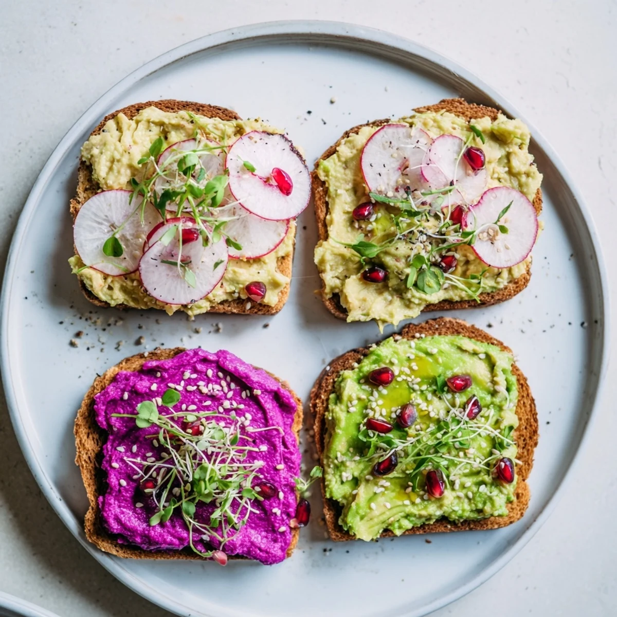 Colorful breakfast toasts featuring ube spread, creamy avocado, and crunchy radishes, beautifully arranged.  