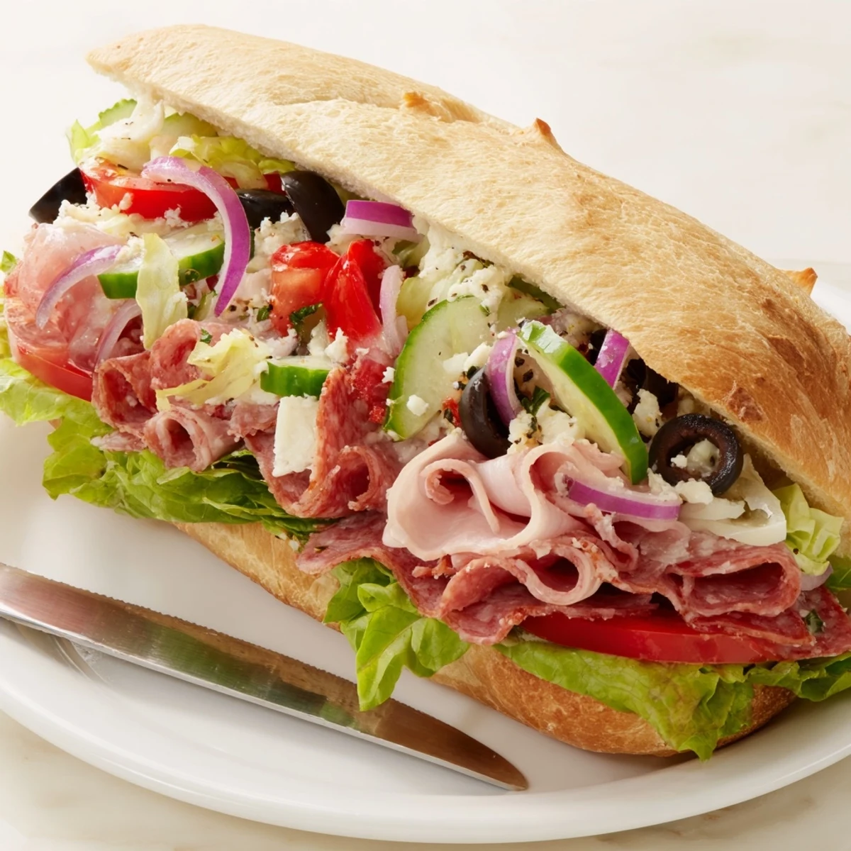 A colorful Flavor Mash-Up Sandwich stacked with meats, cheeses, and fresh veggies.  