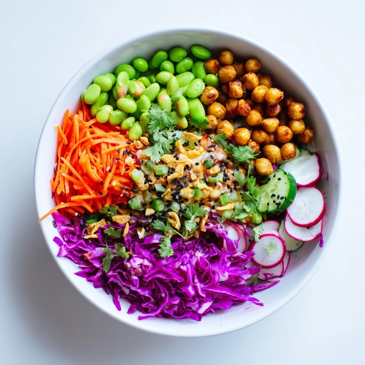 Colorful ASMR Crunch Snack Bowls topped with vibrant vegetables and crunchy toppings.  
