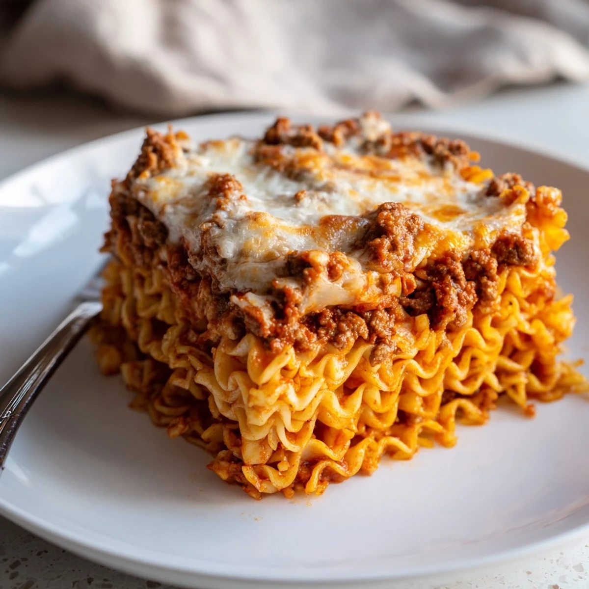 Delicious Spicy Ramen Lasagna layered with creamy cheese, tangy sauce, and pork.  