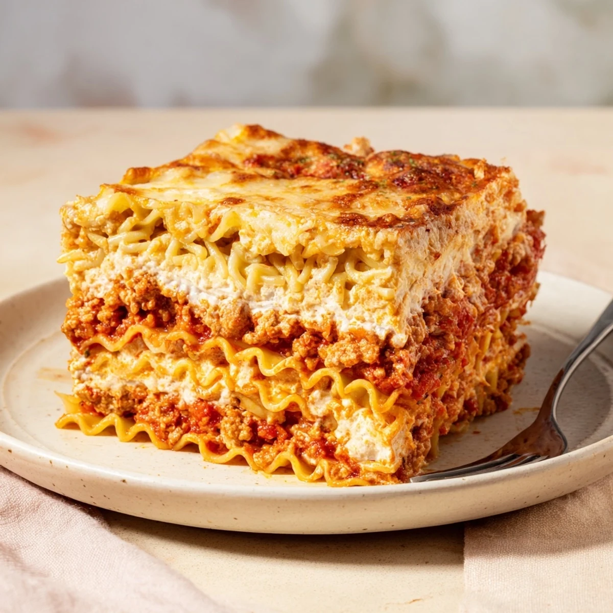 A hearty Spicy Ramen Lasagna featuring bold flavors and melted cheese on top.  