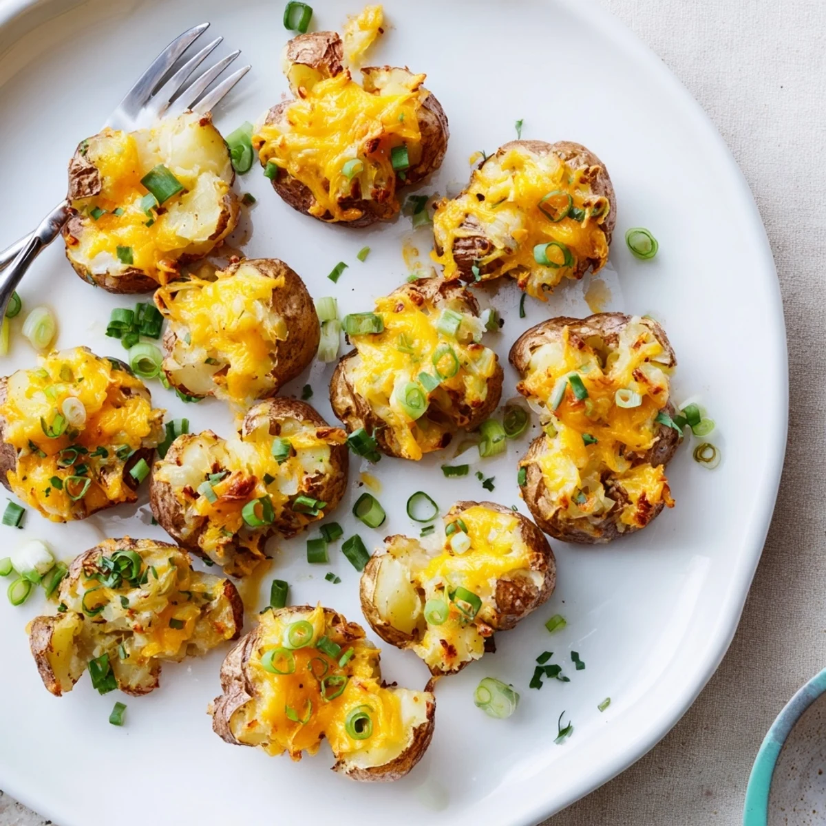 Crispy Smashed Green Onion Potato Bombs topped with melted cheddar and fresh herbs.  