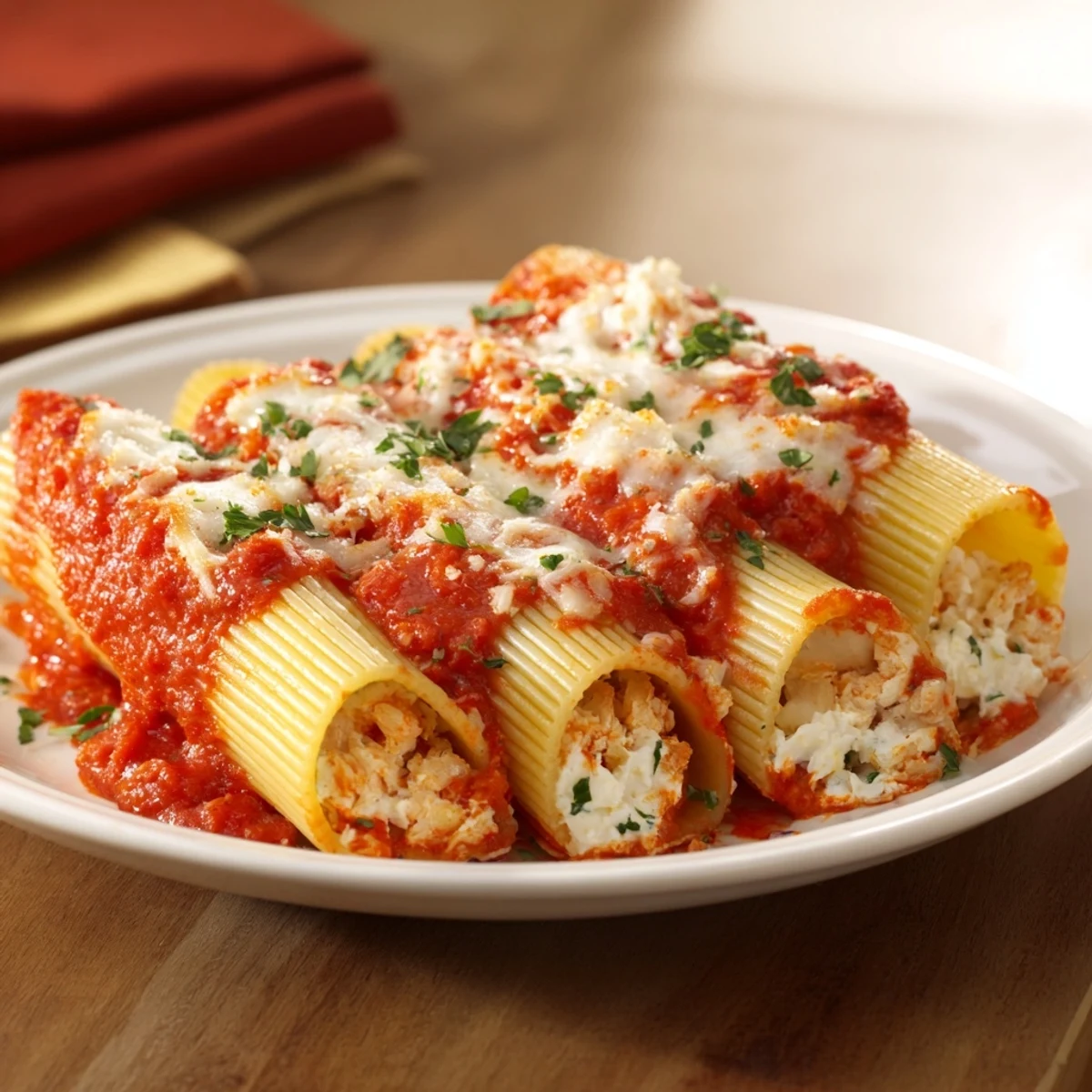 Delicious Honeycomb Pasta Cake with rigatoni filled with rich ricotta and savory sauce.  