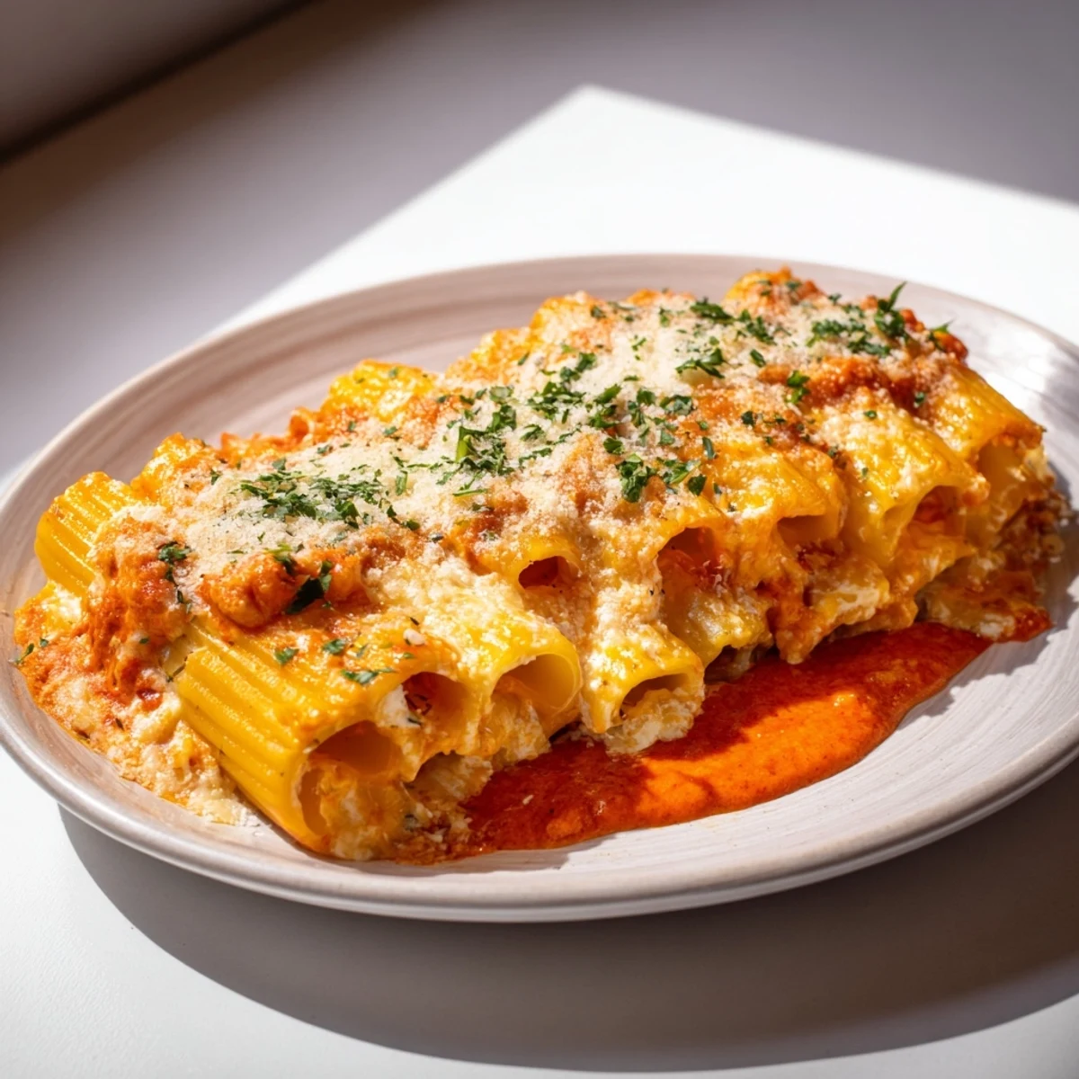 Golden-brown Honeycomb Pasta Cake, showcasing creamy cheese and vibrant tomato layers.  