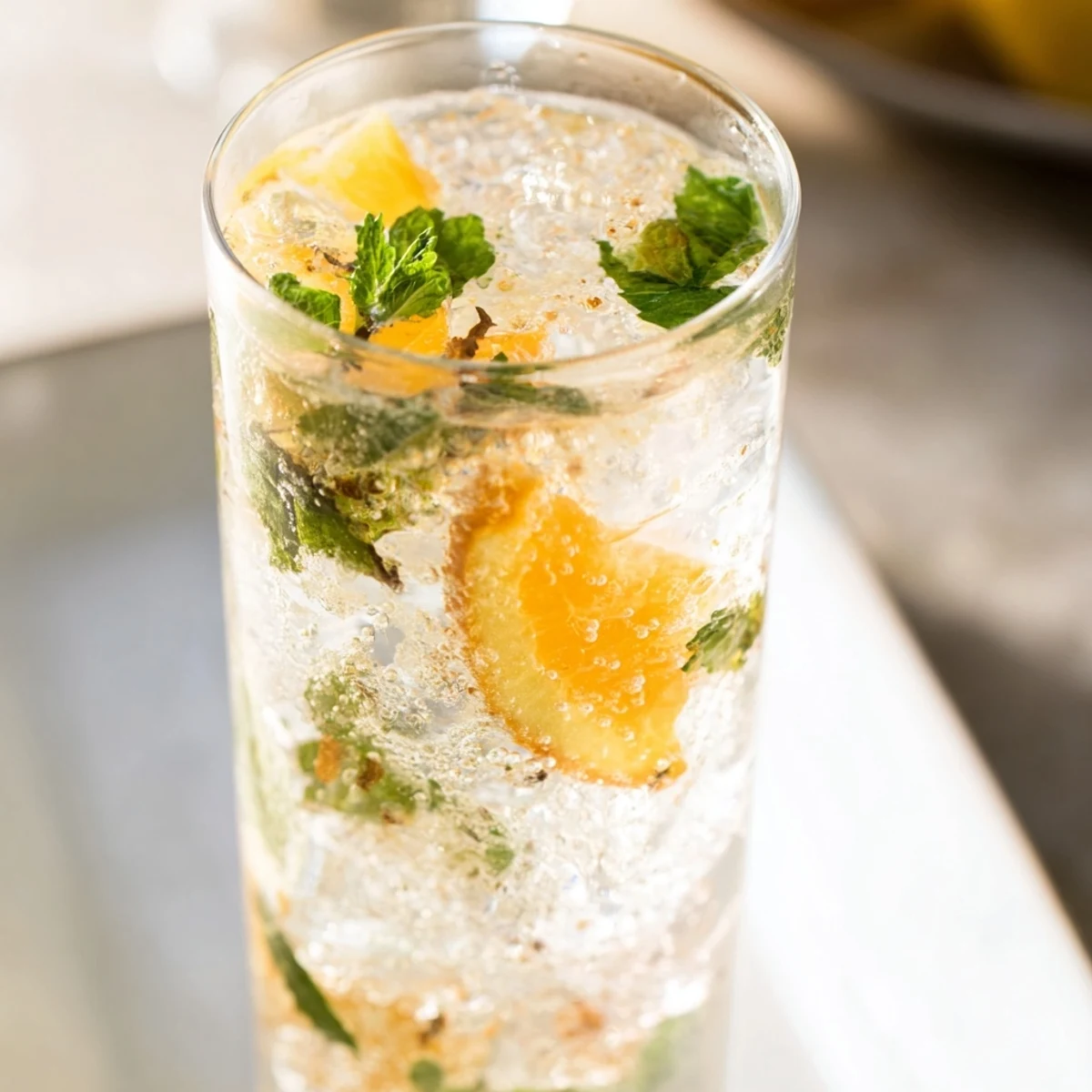 Refreshing probiotic soda mocktail garnished with orange and mint for summer days.  