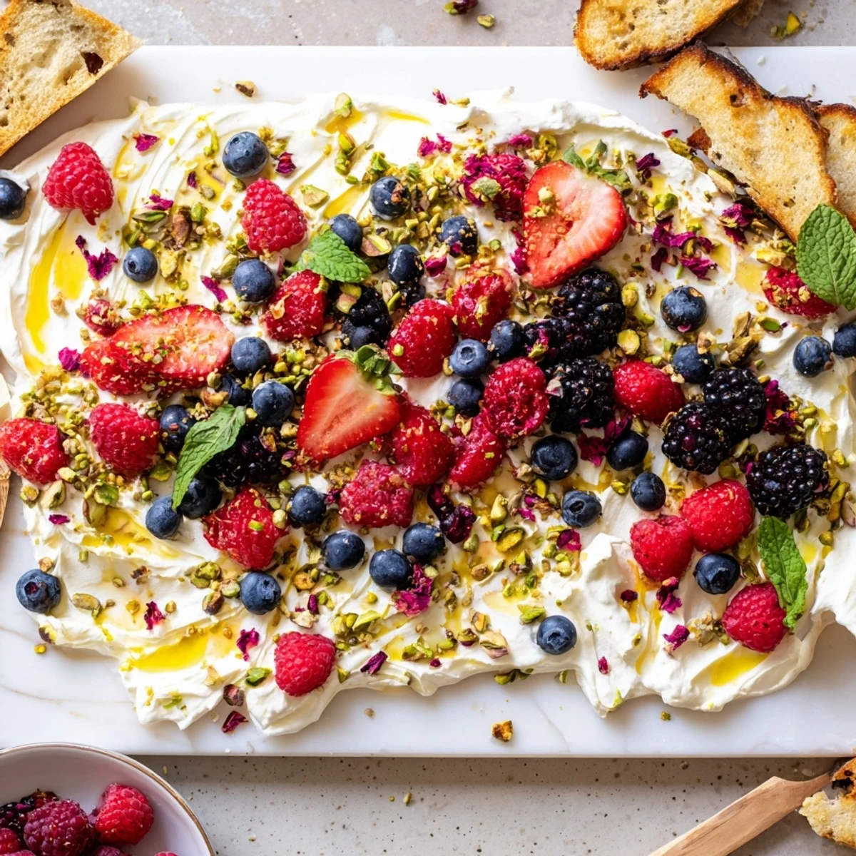 Delightful Butter Board Dessert with creamy cheese, berries, and crunchy toppings on bread.