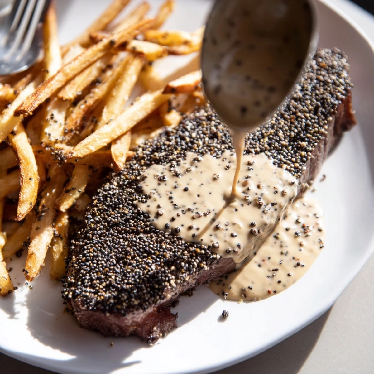 Juicy Classic Peppercorn Ribeye drizzled with creamy sauce and served alongside crispy fries.  