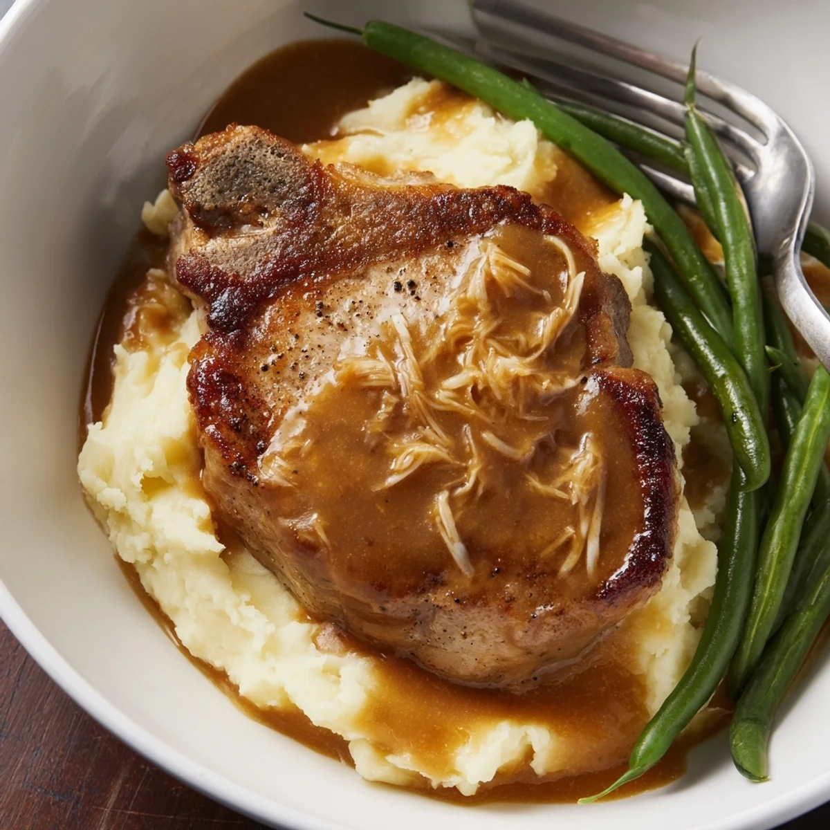Juicy pork chops resting on creamy cheddar mashed potatoes, topped with savory gravy.  