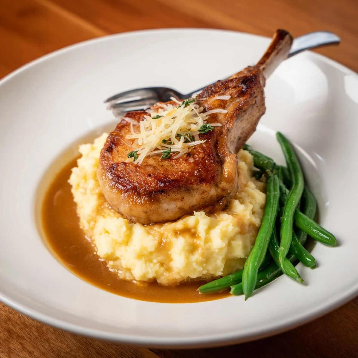 Flavorful seared pork chops served over rich cheddar mash, drizzled with homemade gravy.