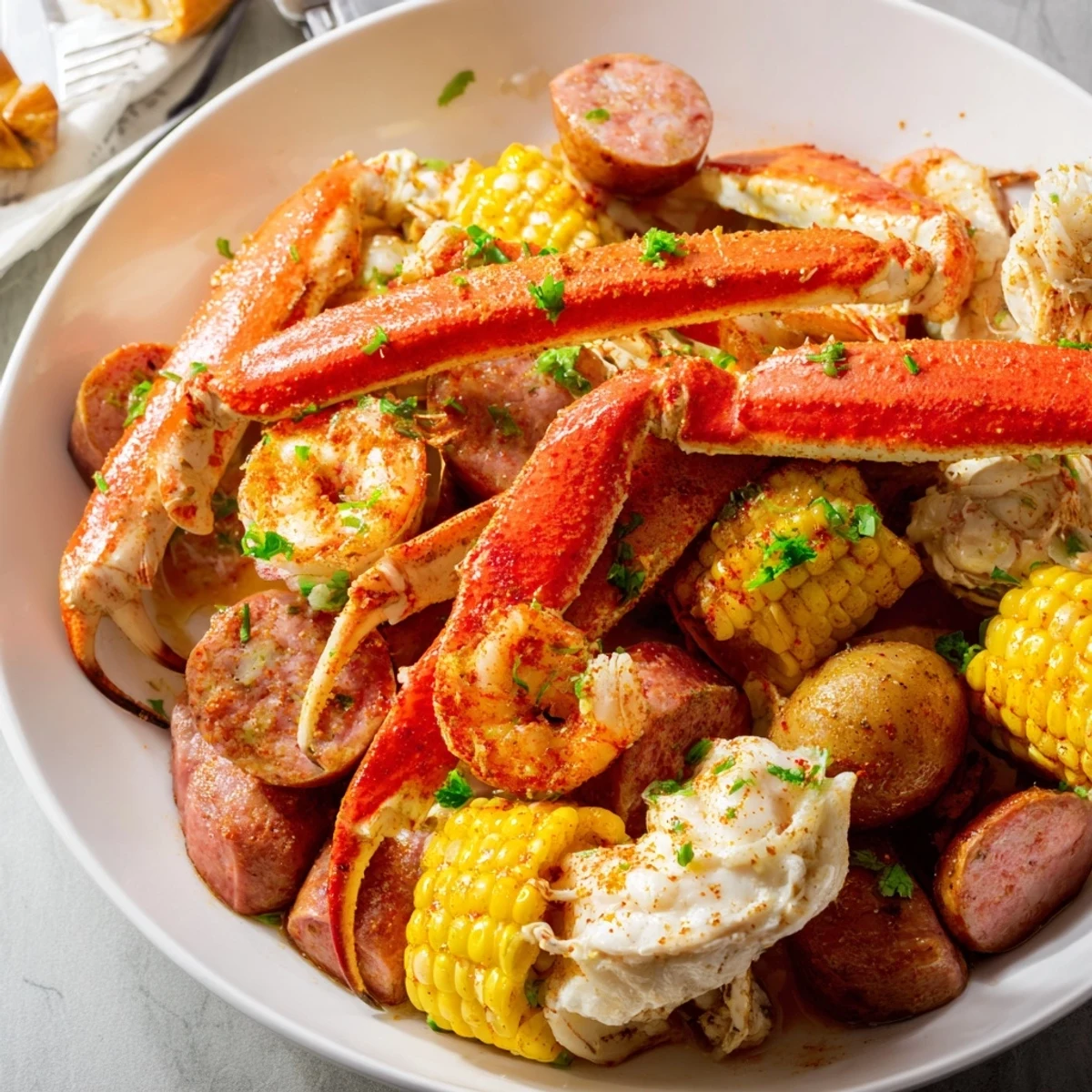 Gather around a vibrant seafood boil featuring crab, shrimp, and spicy sausage.  