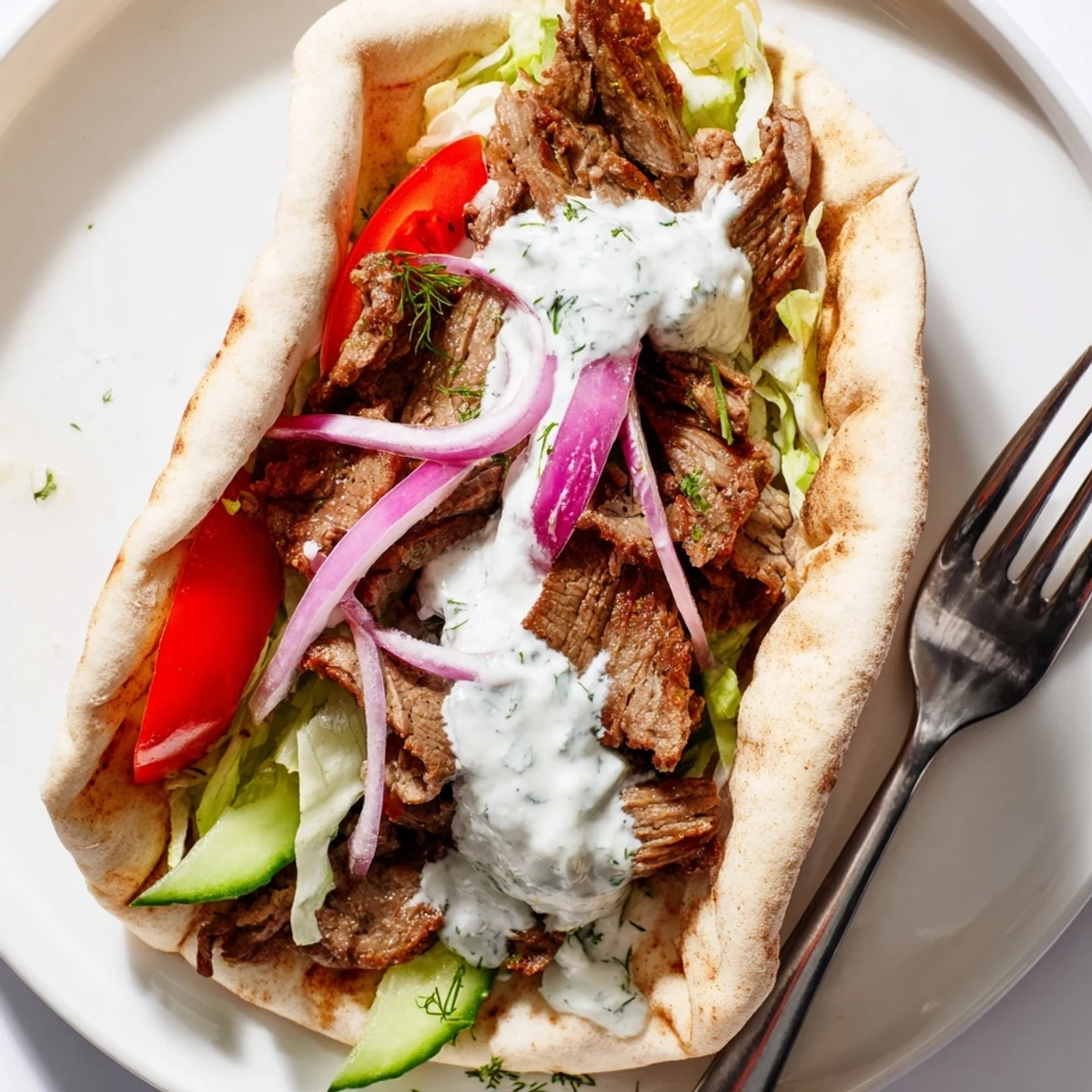 Tender beef shawarma wraps, filled with fresh veggies and creamy yogurt sauce.