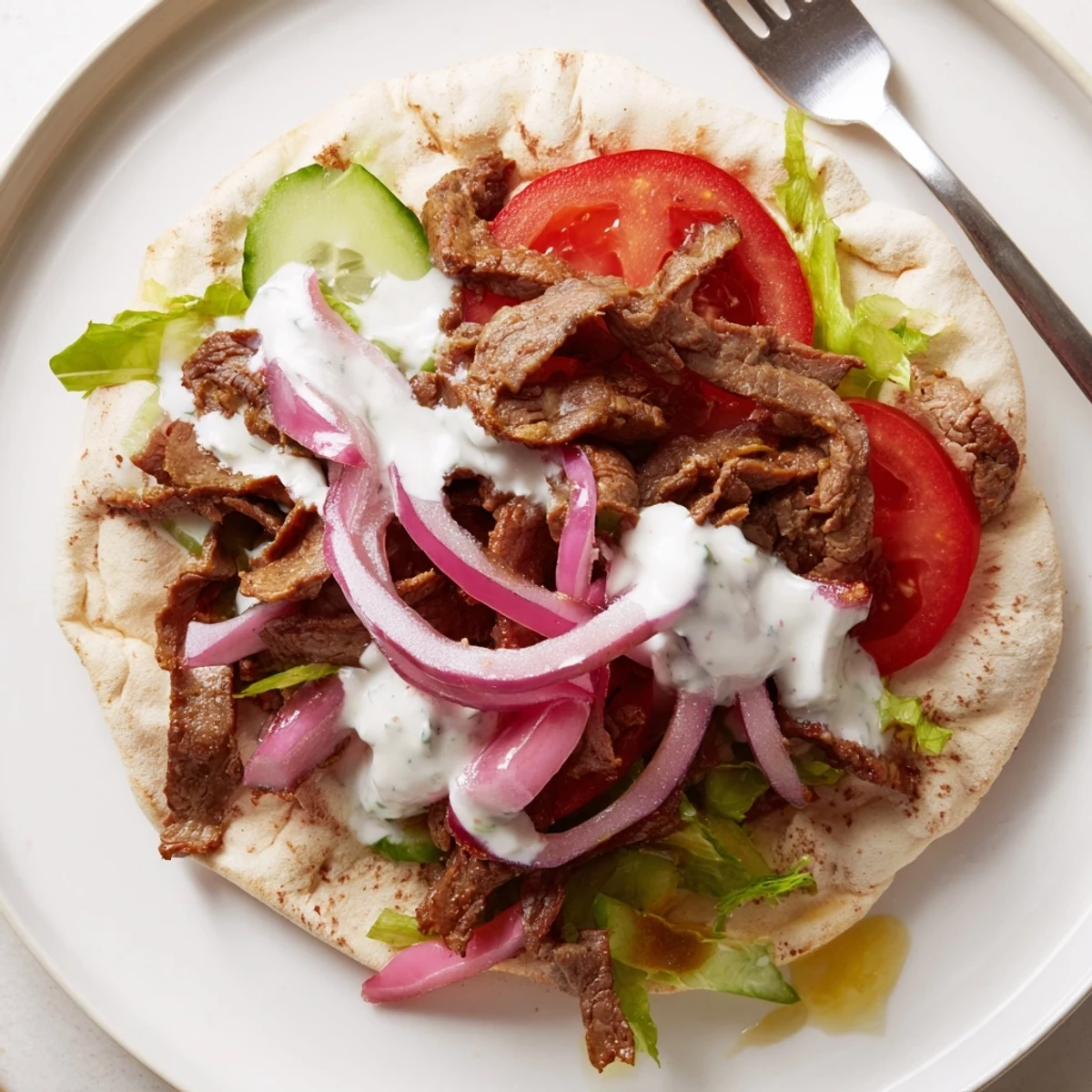 Delicious beef shawarma wraps with spices, drizzled in tangy yogurt sauce, served warm.