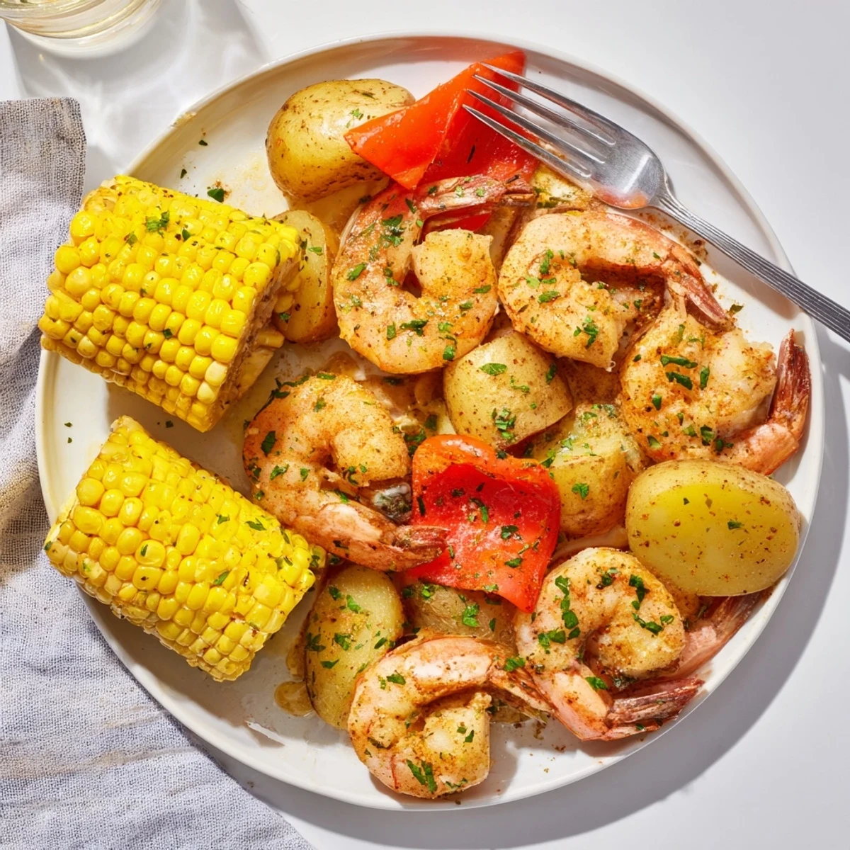 Savory Cajun shrimp alongside roasted potatoes and sweet corn on the cob.  