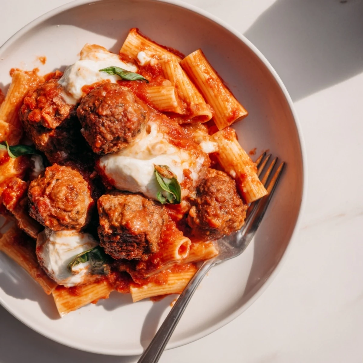 One-pan Italian Meatball Pasta Skillet bubbling in rich tomato sauce, ready to serve.  
