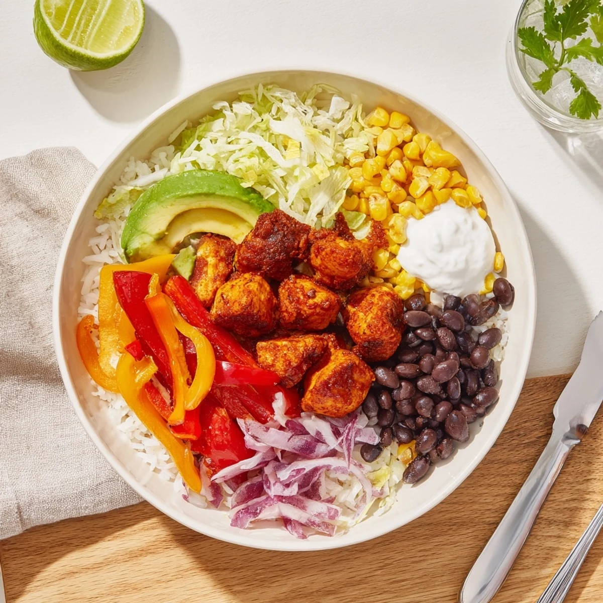 Delicious Sheet Pan Chicken Burrito Bowls bursting with flavors, served with fresh lime.  
