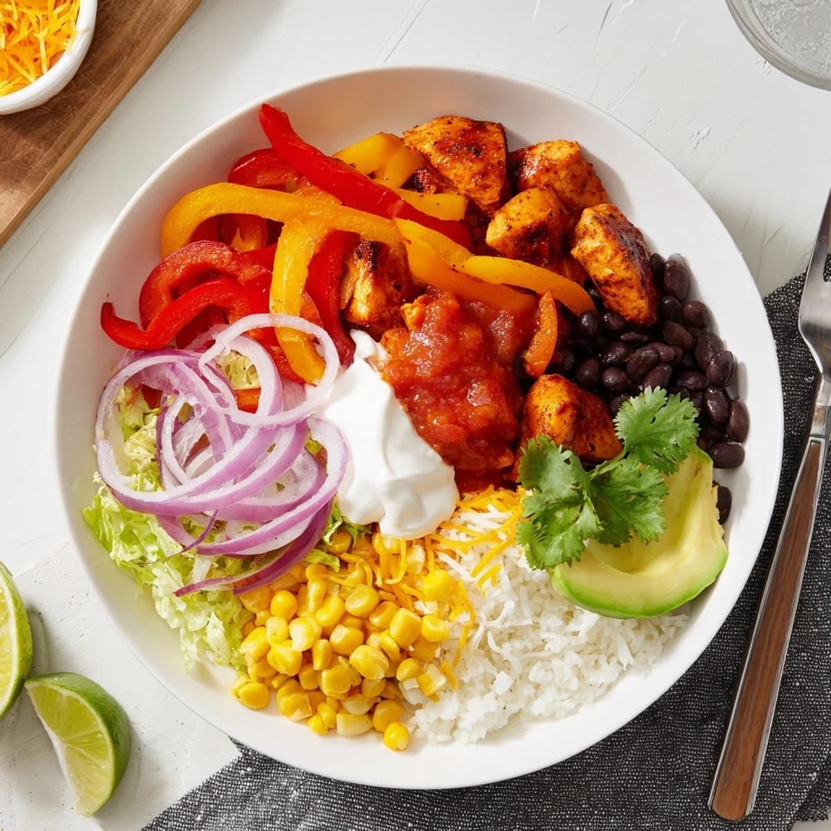 Colorful Sheet Pan Chicken Burrito Bowls featuring spiced chicken and creamy avocado slices.