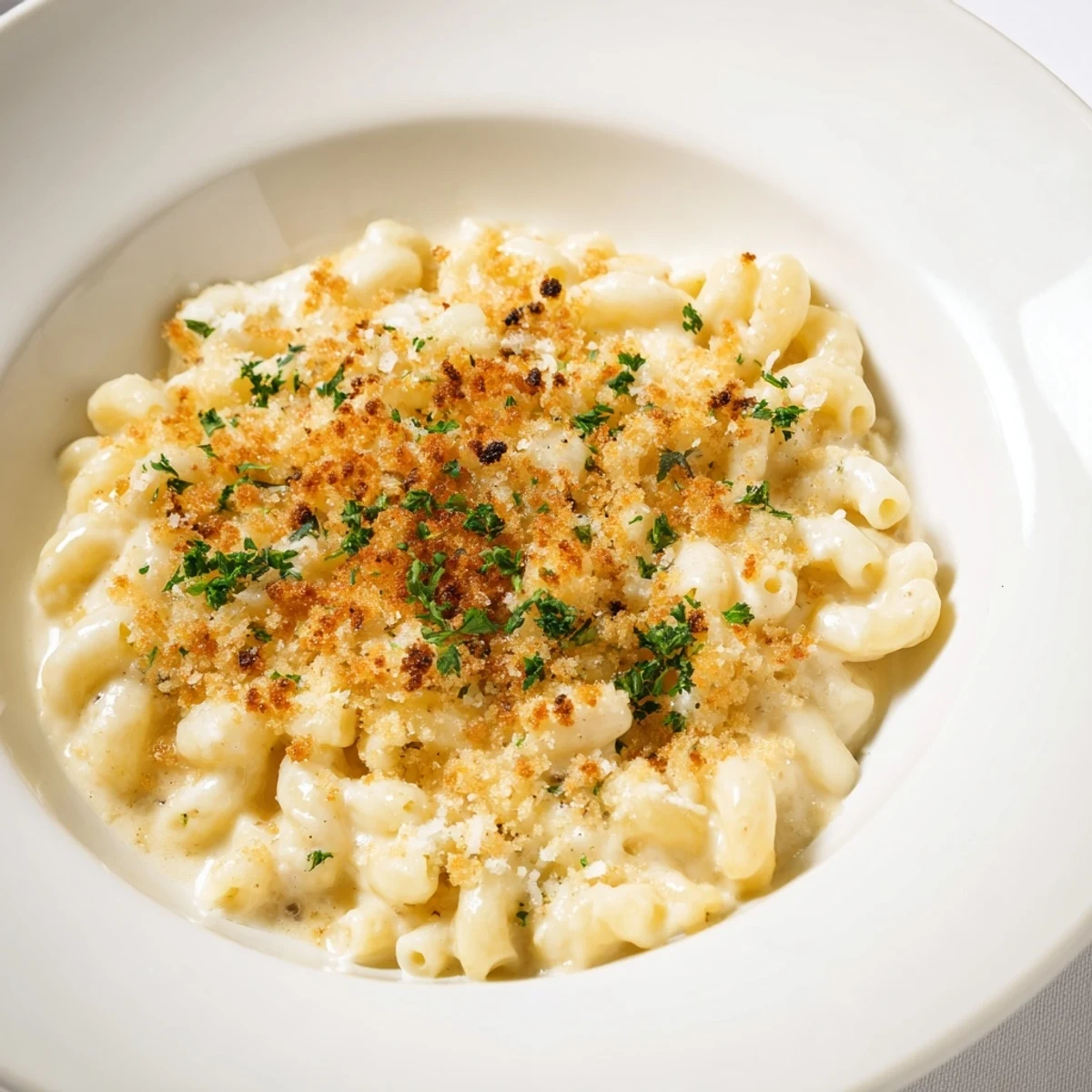 Golden-brown Truffle Macaroni & Cheese, bubbly and sprinkled with Parmesan cheese.
