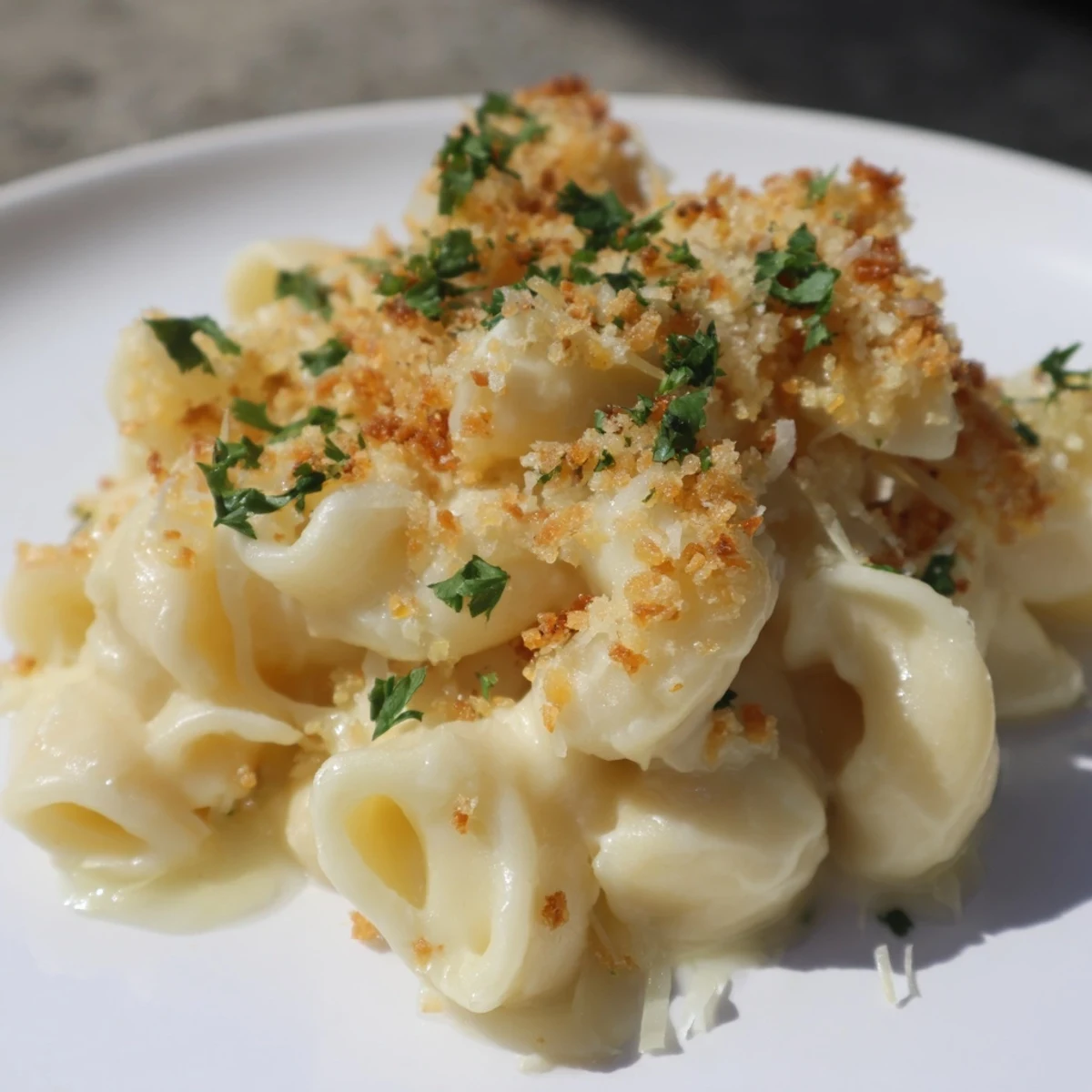 A comforting spoonful of Truffle Macaroni & Cheese, ready to be devoured with its aroma.