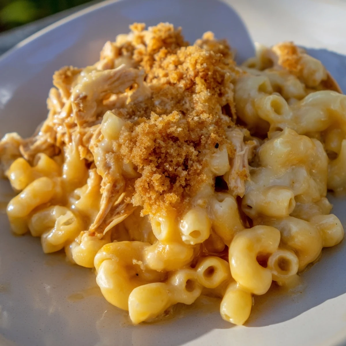 Classic Mac & Cheese with BBQ Chicken: a bubbling casserole of creamy mac and cheese with tender BBQ chicken.