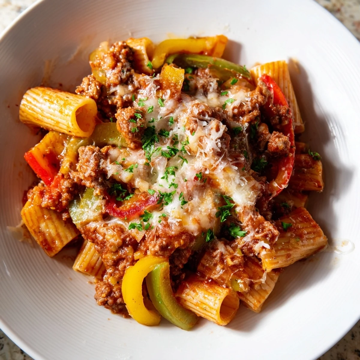 Baked rigatoni with sausage & peppers, bubbling hot under melted cheese, a comforting Italian casserole.