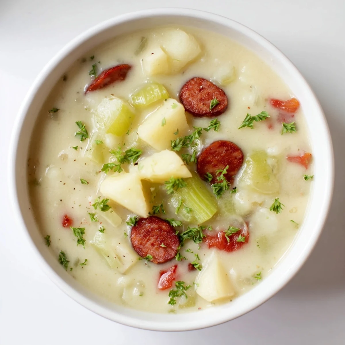 Hearty Potato, Leek & Chorizo Soup, showing the chorizo, potatoes, and leek simmering in a flavorful broth.