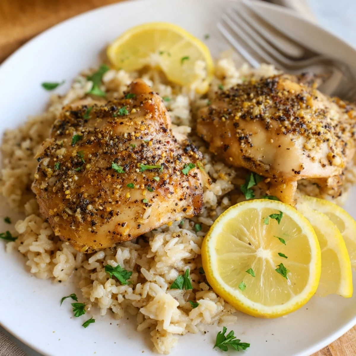 Golden-brown Lemon Pepper Chicken rests on a bed of fluffy rice, ready to serve and enjoy.