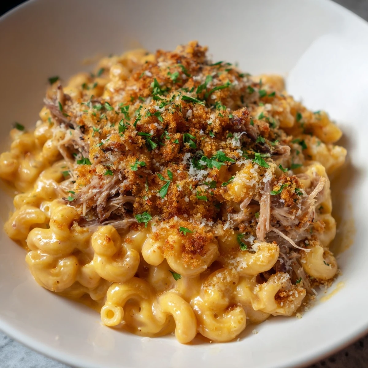 Creamy, cheesy Barbecue Pulled Pork Mac and Cheese topped with golden-brown panko breadcrumbs, ready to eat.