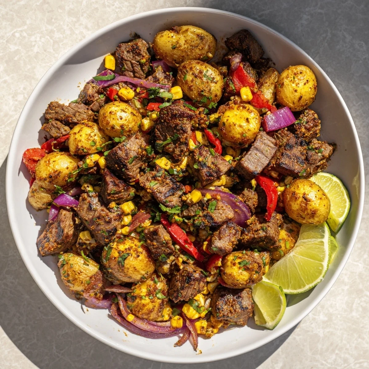 Smoky Southwest Steak & Potato Skillet with tender steak and colorful vegetables, ready to serve.