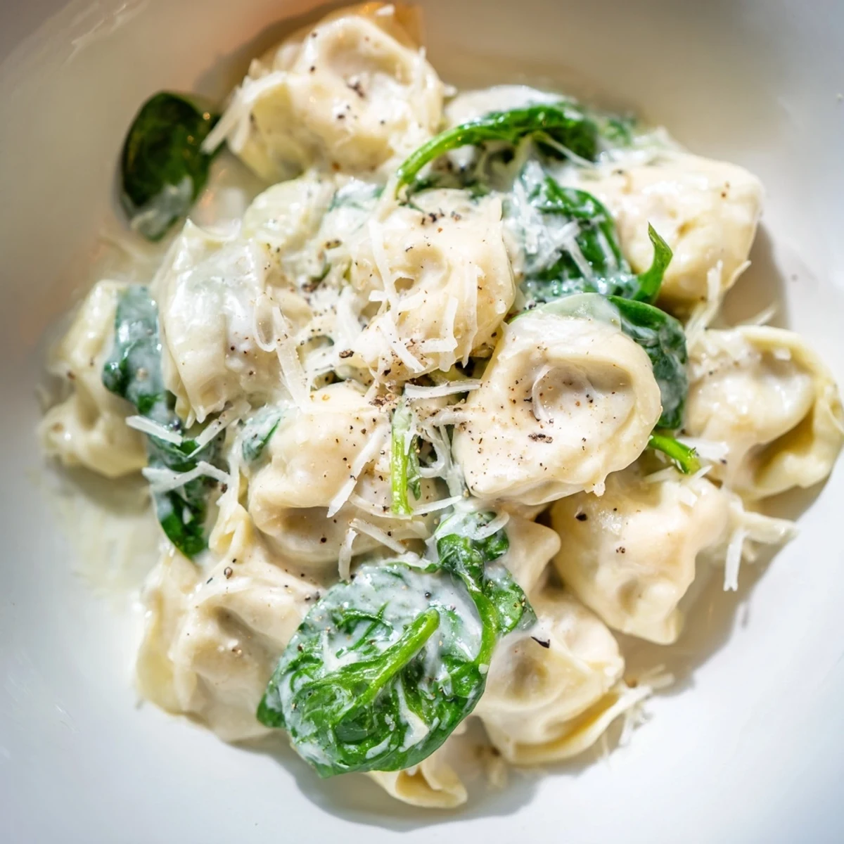Creamy Spinach Alfredo Tortellini: A steaming bowl of cheesy pasta with vibrant spinach, ready to eat.