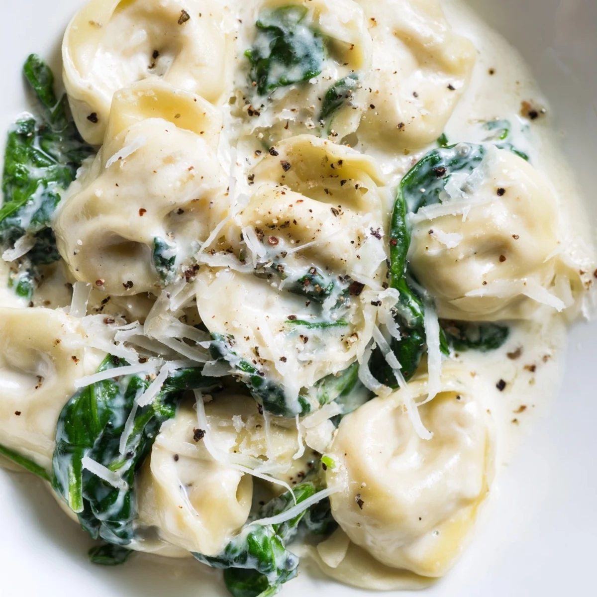 Delicious Creamy Spinach Alfredo Tortellini: A close-up view of fresh spinach and parmesan topping pasta.
