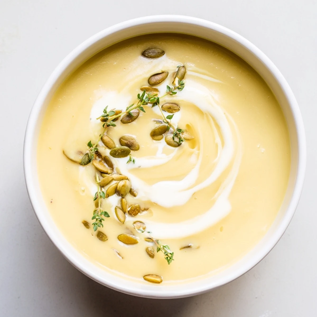 A close-up of a warm, velvety creamy roasted acorn squash soup, perfect for fall flavors.
